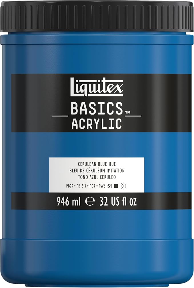 Liquitex BASICS Acrylic Paint, 32-oz Jar, Cerulean Blue Hue | Medium Viscosity, Satin Finish, Lightfast, Fine Art Pigments, Range of Opacities, Easy Blending