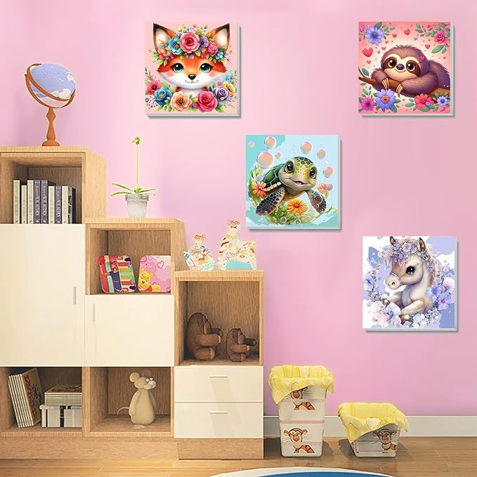 4 Pack Animal Paint by Number for Kids with Wooden Frame - Wooden Easel | Paint by Numbers for Kids Ages 4-8-12, Easy Sloth Fox Sea Turtle Horse DIY Oil Painting Kits for Home Wall Decor (8X8 inch)