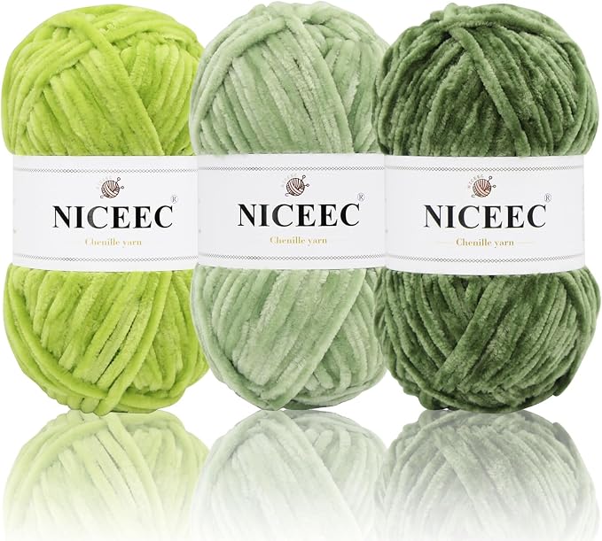 NICEEC 3 Skeins Soft Chenille Yarn 3 x85m (3X 93yds, 3X 50g)_Green Series