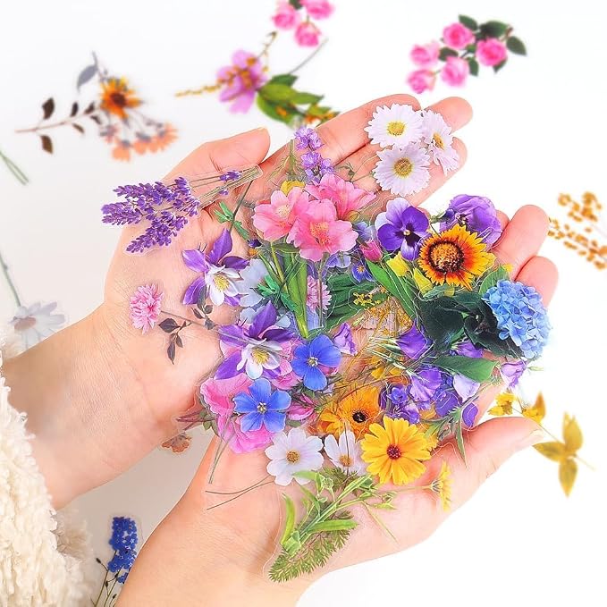 Transparent Pressed Flower Stickers 320 PCS-Dried Resin Leaves- Floral Decorative Scrapbook for Supplies Art Craft Journal Planner Bottles Phone Cases Laptops Decors
