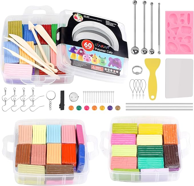 CiaraQ 60-Color Polymer Clay Oven Bake Modeling Kit | 12 sculpting tools, 3-layer storage box, acc. pack, guide. Great for school, home, gifts, kids & artists.