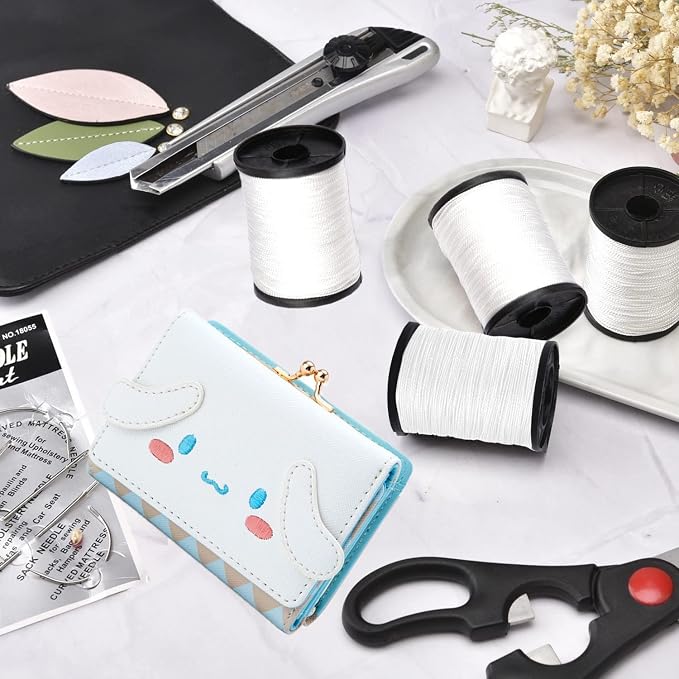 Topus Extra Strong Upholstery Repair Sewing Thread Kit and Heavy Duty Household Hand Needles, Including 7 Styles of Leather Canvas Sewing Needles and 3 Rolls Nylon Thread (70 Yard of Each Roll), White