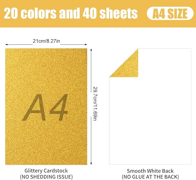 40 Sheets A5 Glitter Cardstock, 20 Colors, Greeting Card, Scrapbook, DIY