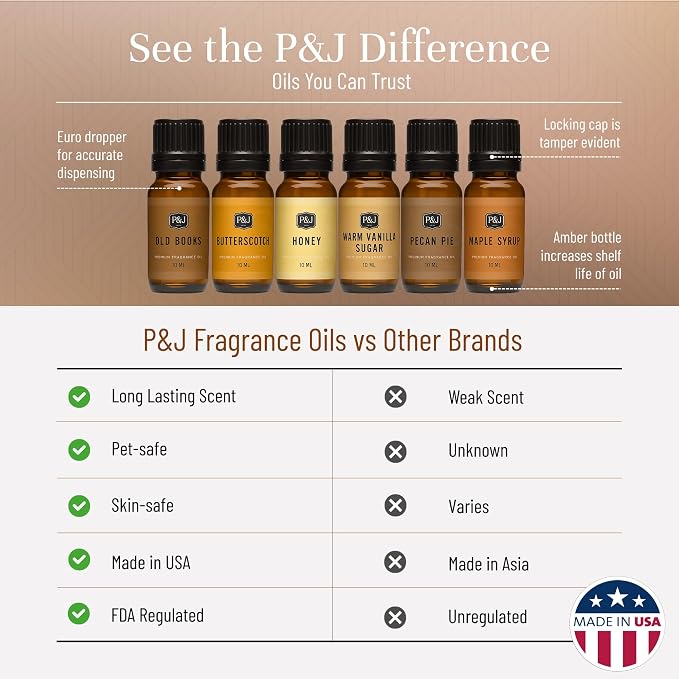 P&J Fragrance Oil Farmhouse Set | Old Books, Butterscotch, Honey, Warm Vanilla Sugar, Pecan Pie, Maple Syrup Candle Scents for Candle Making, Freshie Scents, Soap Making Supplies