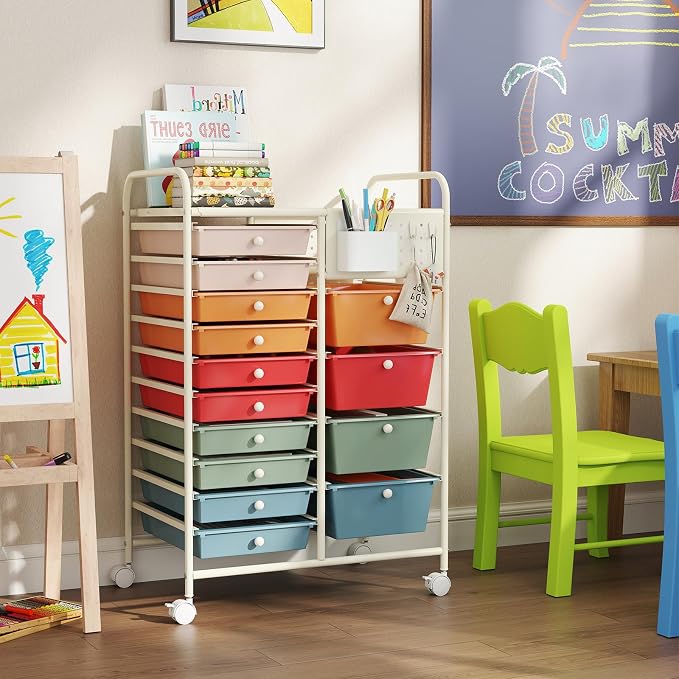 Giantex 14 Drawer Storage Cart, Rolling Craft Cart with Metal Tabletop & Pegboard, Mobile Utility Organizer Trolley with Locking Wheels, Home Office, Macaron Multicolor