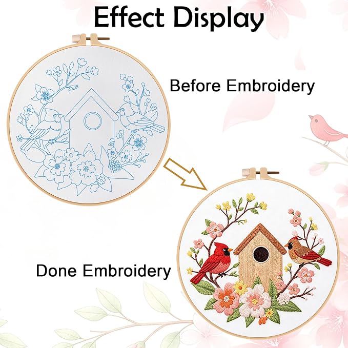 Louise Maelys Cardinal Birdhouse Flowers Embroidery Kit for Beginners | Adults Starter Cross Stitch Kits with Cardinal Pattern, Complete Needlepoint Kit with Hoop, Threads, Needles and Guide