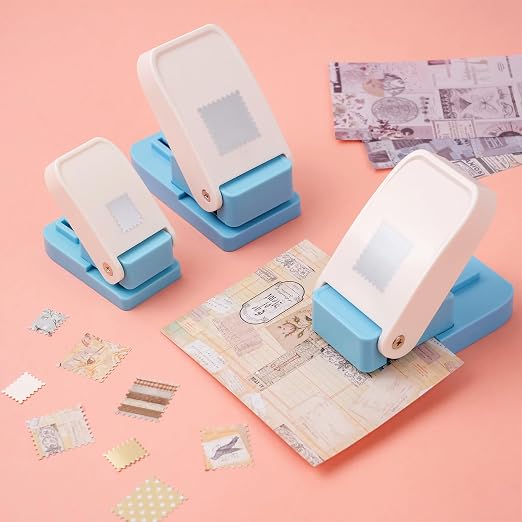 3 Pcs Stamp Punch, 1x0.8inch Medium Stamps Shaped Punch, 1 Inch Square Stamps Hole Puncher, 0.6x0.5 Inch Mini Rectangle Stamp Cutter, Lever Craft Paper Punches for Crafting Diy Scrapbooking Journaling