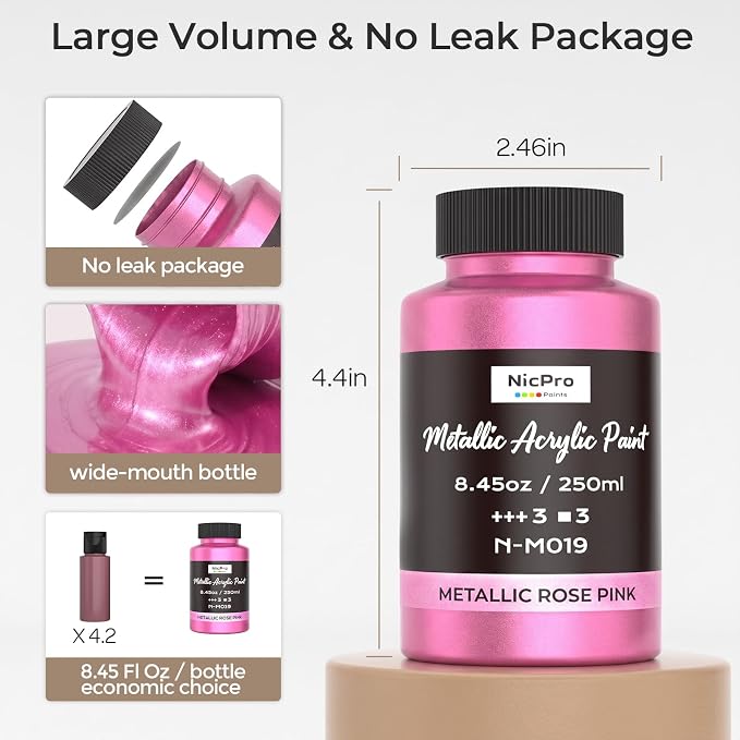 Nicpro Metallic Pink Acrylic Paint, 8.45oz/250ml Pearlescent Rose Shimmer | Large, Non Toxic, Non Fading Craft Paints for Metal, Wood, Clay, Fabric, Canvas, Ceramic, Furniture, Handcrafts