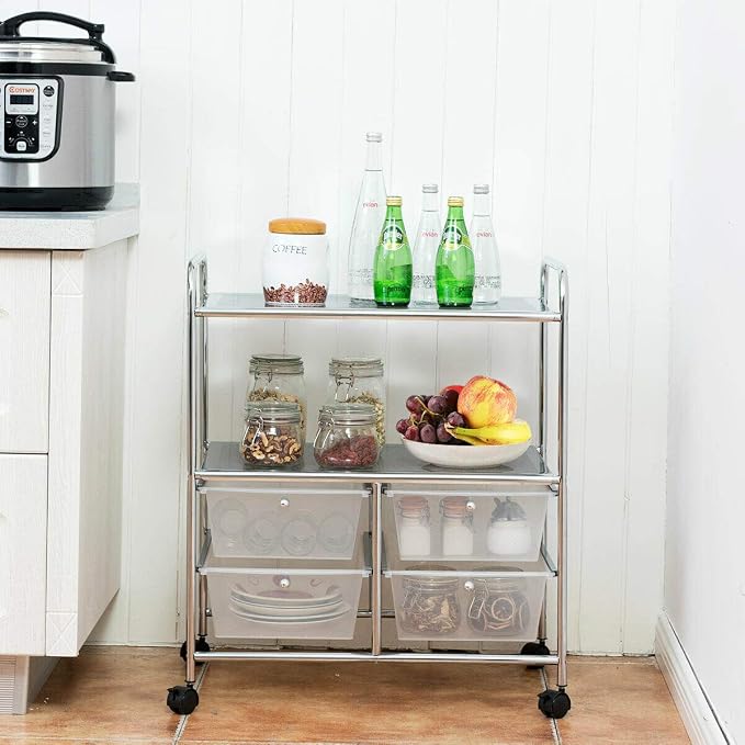 Giantex Rolling Storage Cart w/ 4 Drawers 2 Shelves Metal Rack Shelf Home Office School Beauty Salon Utility Organizer Cart with Wheels (White)