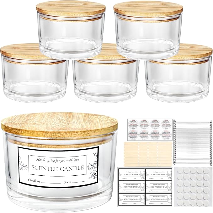 CONNOO 6 Pack 24oz Clear Glass Candle Jars with Airtight Bamboo Lids