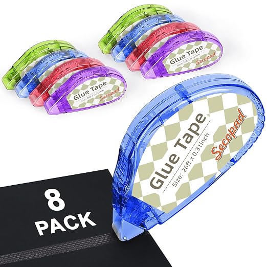 Secopad Scrapbook Tape, Glue Tape for Crafts, 8 Pack, Clear Colored Shell | 0.3IN x 26FT, Sticky & Safe, Double Sided Tape for Crafts, Scrapbooking Junk Journaling Supplies, For School Office Teachers