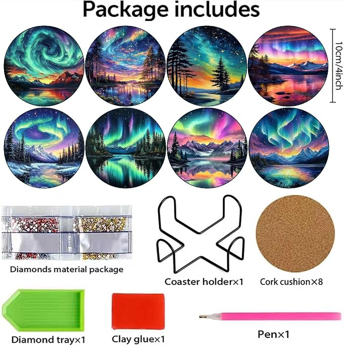 askkqtx 8 Pcs Aurora Diamond Art Coasters Kits with Holder 4X4 Inch