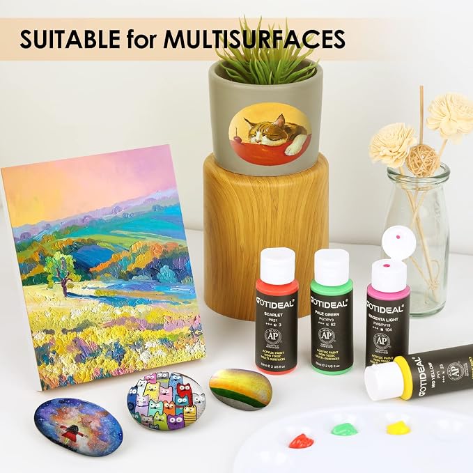 GOTIDEAL Acrylic Paint Set with 10 Brushes, 18 Colors (59ml, 2 oz) | Outdoor/Indoor Art Craft Paint, Non Toxic, for Hobby, Artist, Adults, for Canvas Wood Clay Ceramic Paint Supplies