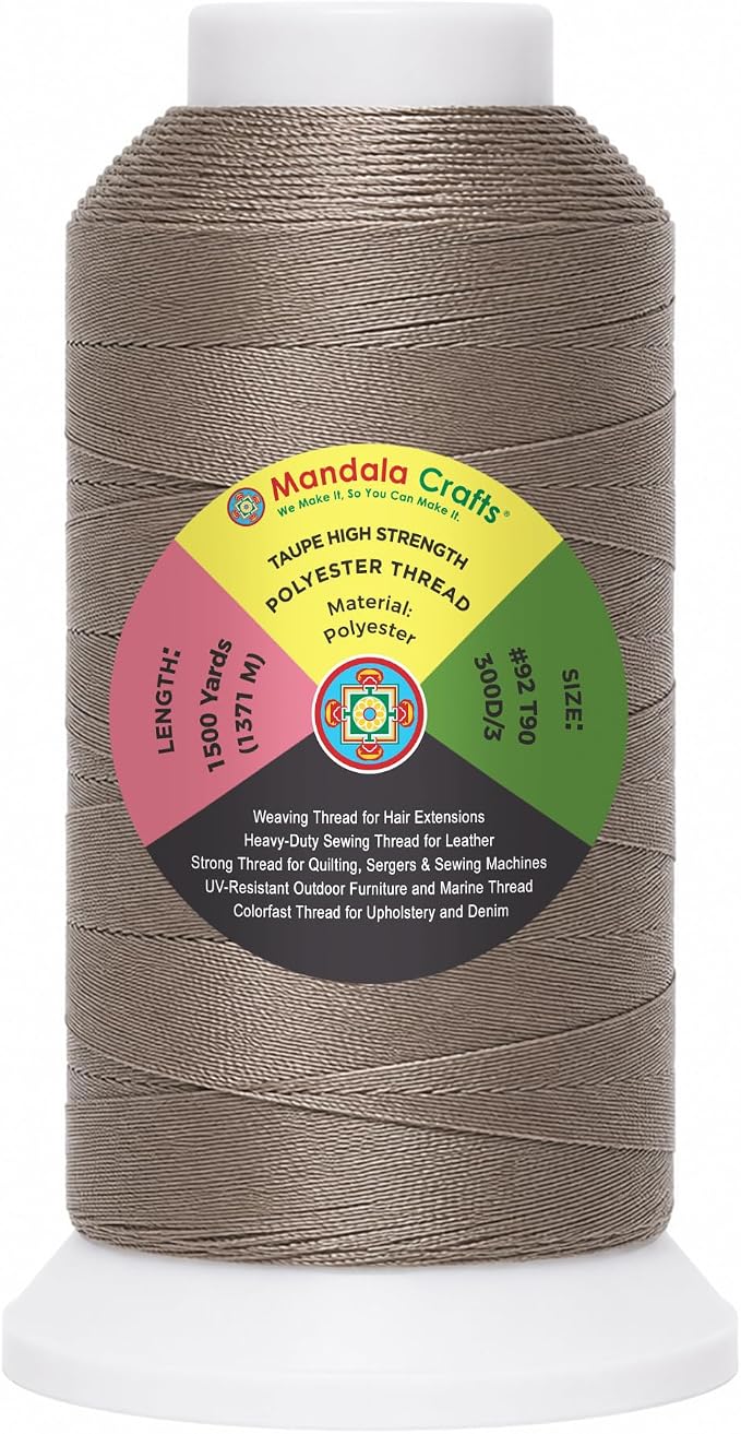 Mandala Crafts Taupe Tex 90 Polyester Heavy Duty Thread for Upholstery | 1500 Yds T90 UV Resistant Strong Thread for Leather Sewing, Marine, Drapery, Jeans, Hair Weaving & Extension, Outdoor