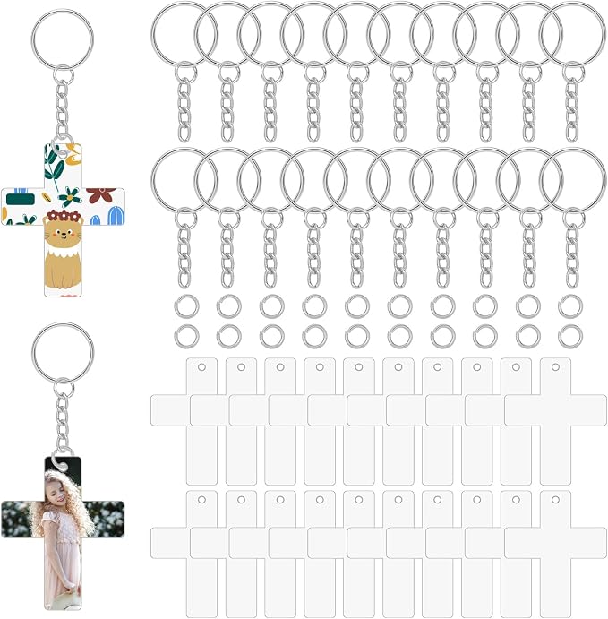 Acrylic Keychain Blanks Kit,24Clear Cross Acrylic Blank with Hole 24 Key Rings with Chains and 24 Jump Rings Clear Ornament Blanks Bulk for DIY Keychains Vinyl Crafts Jewelry Labels Gifts Packaging