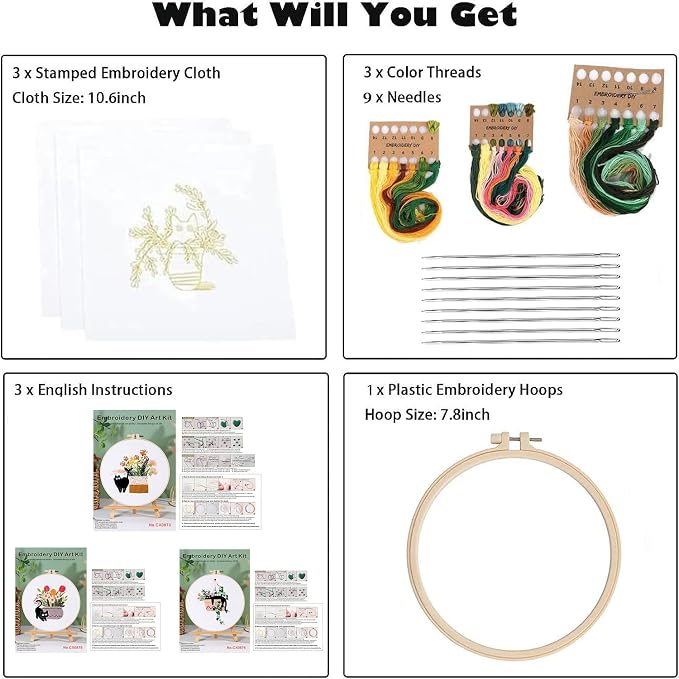 GLTAYLMY 3pcs Embroidery Kit for Beginners DIY Adult Beginner Embroidery Kits with Cat Pattern 1 Embroidery Hoops Needles Threads and Instructions