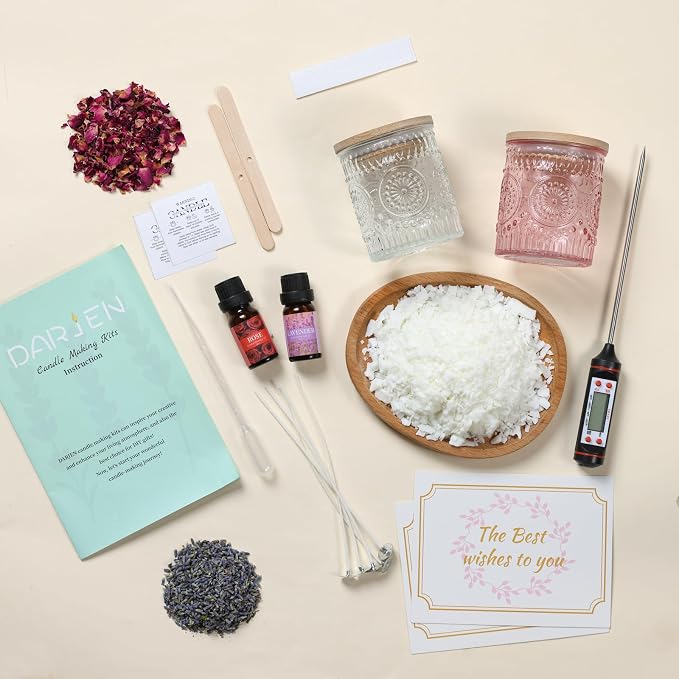 DARJEN Candle Making Kit for Beginners, 2 Jars Soy Wax Scented DIY Set | 100% Soy Wax, 10oz Glass Jars, Natural Cotton Wicks, Pleasant Scents, Instruction& More- Perfect as Home Decorations