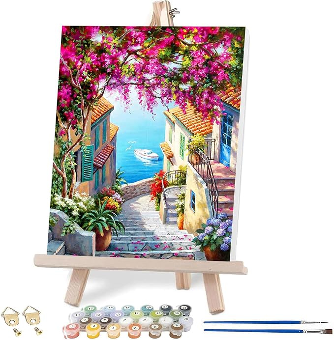 VIGEGU Paint by Numbers Kit for Adults with Framed,Seaside City Landscape Paint by Number DIY Adult Paint by Number Kits Acrylic Oil Painting for Wall Decor 10x12in
