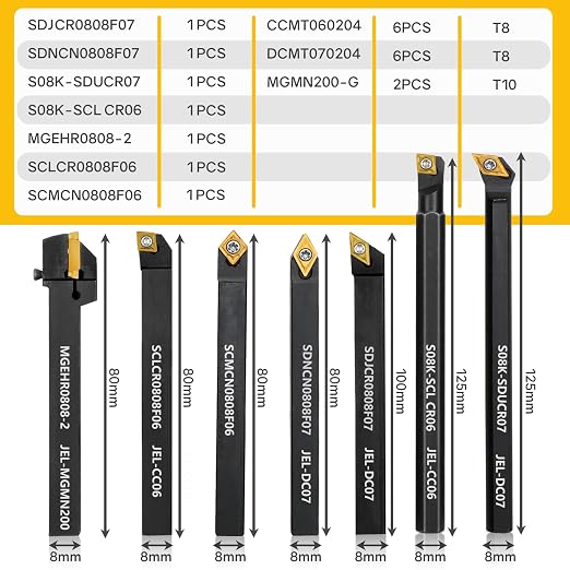 Indexable Lathe Turning Tool 21Pcs Kit 5/16" 8mm Shank 7 Pcs Metal Lathe Tool Holder Set with 14 Pcs Turning Inserts for Turning Grooving Threading Boring Carbide Inserts Carbide Turning Tool
