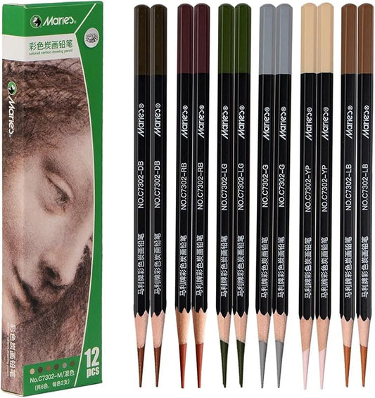 Marie's Colored Charcoal Pencils Set, 6 Colors 12 Pieces, Pastel Chalk Pencils for Drawing, Sketching, Coloring & Shading, Art Supplies for Adult Artists (Multicolor)