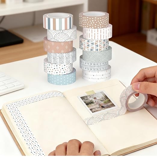 12 Rolls Floral Washi Tape Set,Morandi Tones,Boho | Watercolor Flowers Design for Scrapbook Journal DIY Craft School Supplies, 15 mm Vintage Decorative Masking Washi Tapes