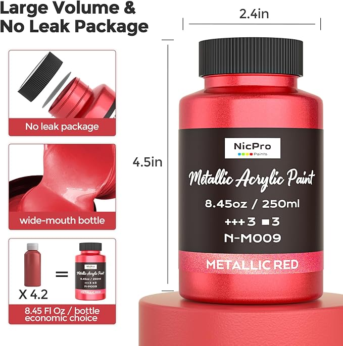 Nicpro Metallic Red Acrylic Paint, 8.45oz/250ml Large Metallic Paint | Non Toxic, Non Fading Craft Paints for Metal, Wood, Clay, Fabric, Canvas, Furniture, Handcrafts, Art Supplies