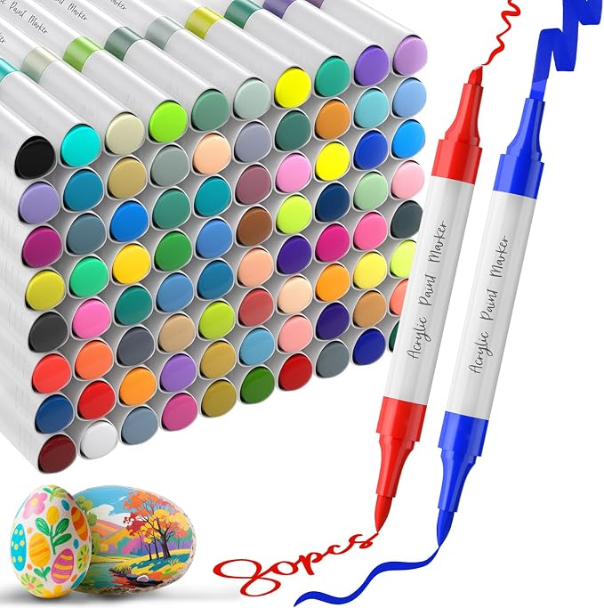WELLOKB 80 Colors Dual Tip Chisel & Brush Acrylic Paint Markers, Fabric Markers, Permanent Acrylic Paint Pens for Wood, Glass, Rocks, Paper, Coloring book, Ceramic, DIY Crafts for Adults