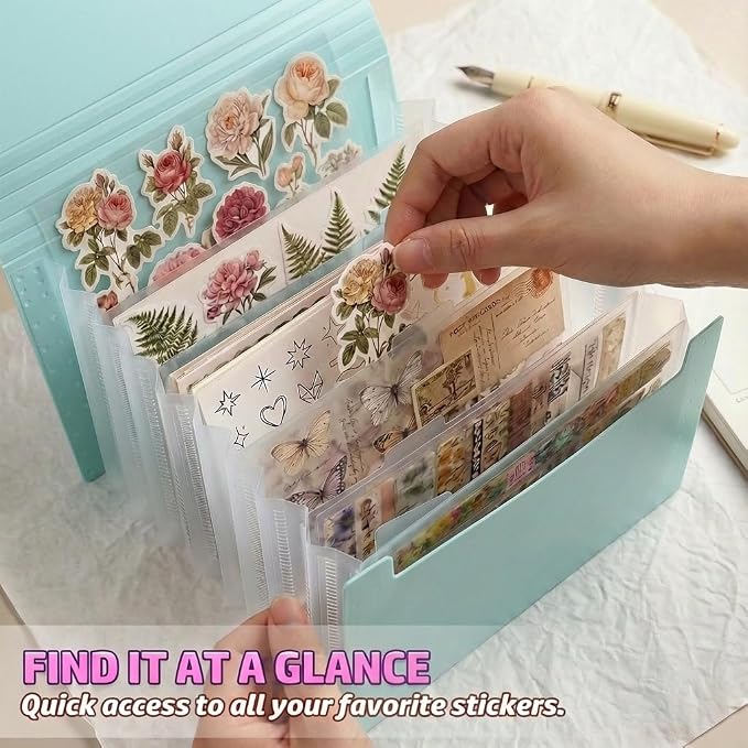 Sticker Storage Organizer with 7 Expandable Pockets, A6 Multi-Layer Desktop Sticker Binder for Scrapbook Essentials and Journal Organizer, Large Capacity for Thick Sticker Album, Washi Tape(Aqua)
