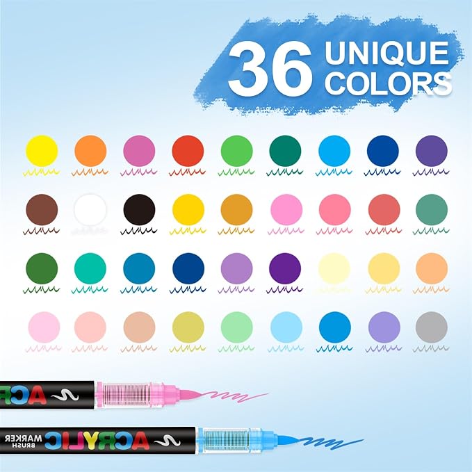 Guangna Acrylic Paint Markers Brush Tip, 36 Vivid Colors with Direct-Liquid Ink Control System, Professional-Grade Paint Pen for Rock Painting, Canvas, Glass, Plastic, Fabric, Eggs