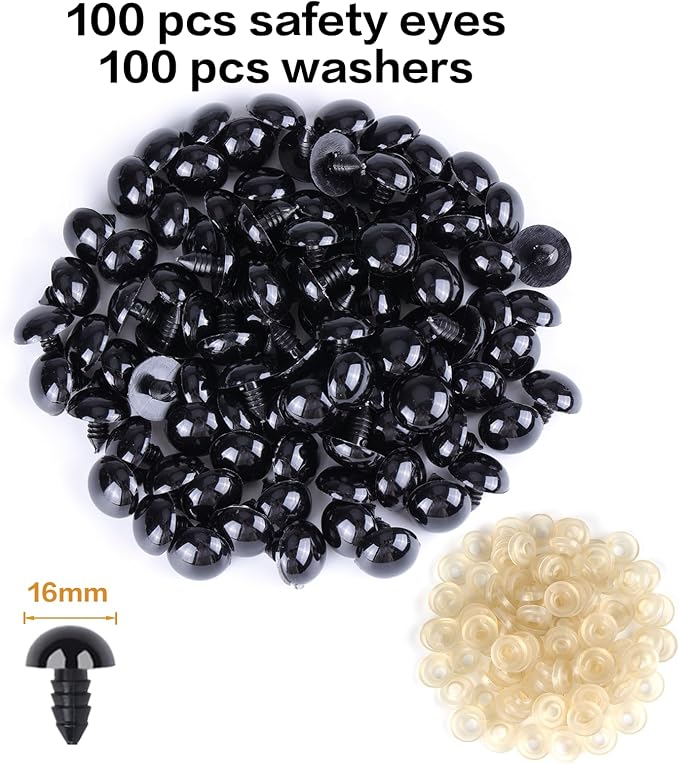 XKDOUS 16mm Safety Eyes, 200pcs Crochet Eyes for Amigurumi | Safety Eyes for Crocheting，Stuffed Animal Doll Eyes for DIY Crafts