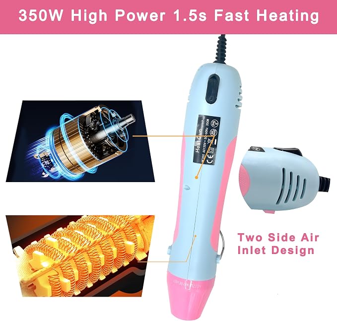 Heat Gun, 350W Mini Heat Gun with Reflector Nozzle Dual Temperature Settings Fast Heat Hot Air Gun Tool for Crafting, Heat Gun for Craft Dryer, 6.56Ft Overload Protection for Drying Paint