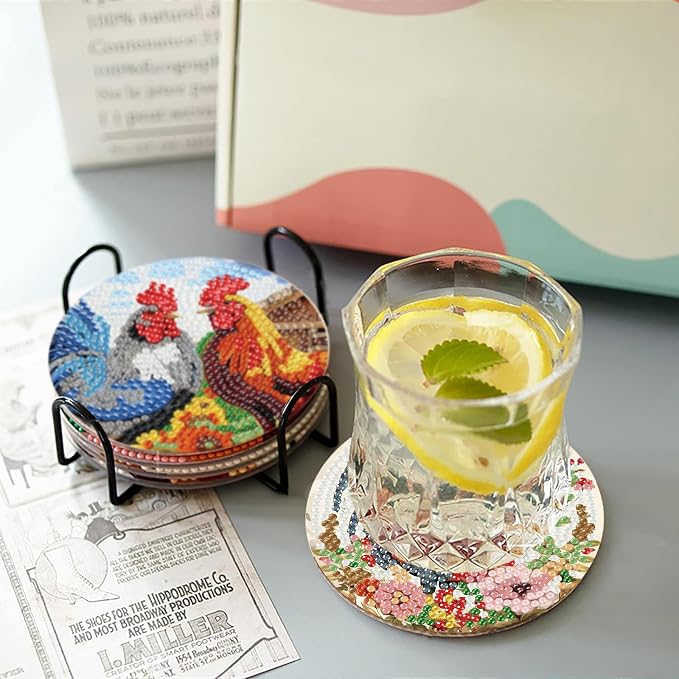 askkqtx 8 Pcs Chicken Diamond Art Coasters Kits with Holder 4X4 Inch