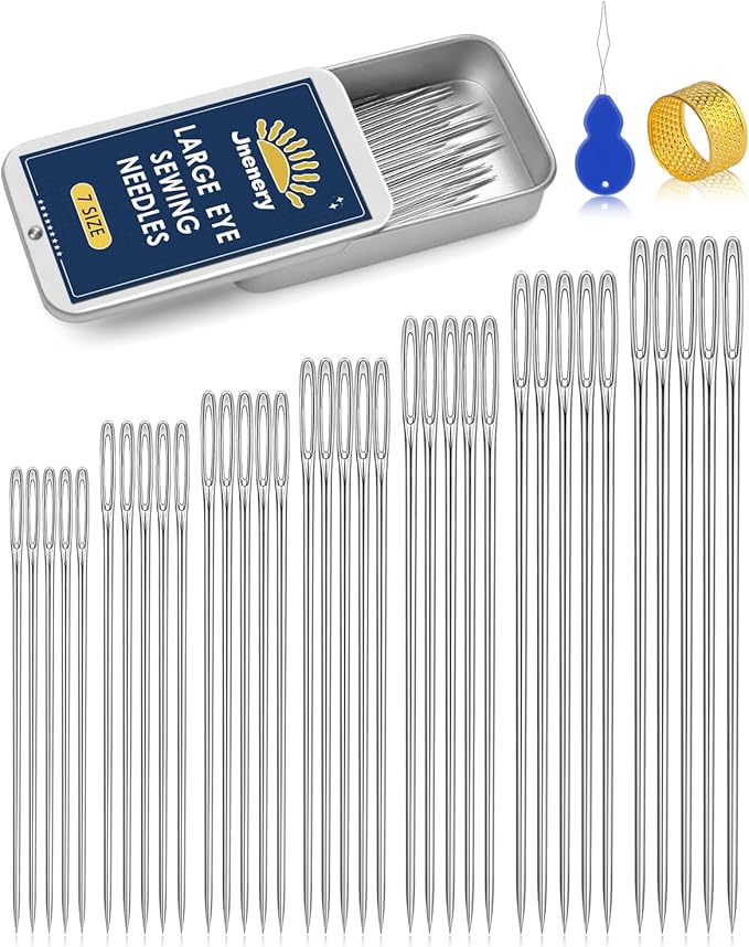 JNENERY Large Eye Sewing Needles 7Sizes Stainless Steel Needles Hand Sewing | 35Pcs Leather, Embroidery, Repair, Quilting- Easy Threading with Threader, Thimble for Crafters, Seniors, Traveler