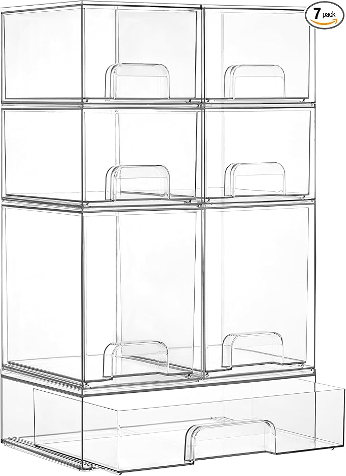 Vtopmart Clear Stackable Storage Drawers Set of 7, Plastic Organizer Bins | Multi-purpose Boxes for Baby Bottle Storage, Ideal for Kichen, Vanity, Bathroom, Undersink, Cabinet, Pantry Organization