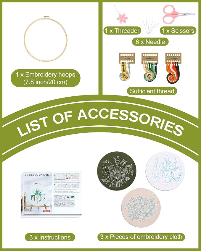 Santune 3 Sets Embroidery Kit for Beginners Needlepoint Cross Stitch Kits for Adults,Stitch Learning DIY Sets with Instruction Video,Stamped Floral Patterns,Hoop,Threads,Sewing Kit