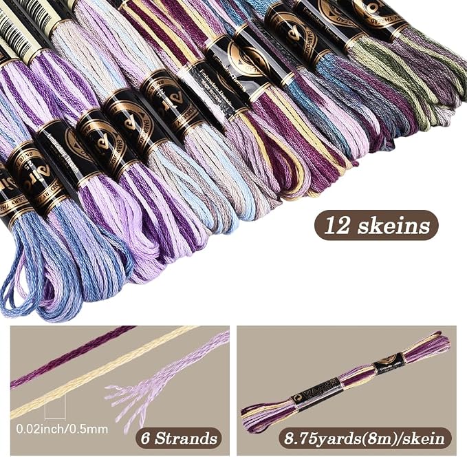 12 Skeins 105 Yards Purple Embroidery Thread Variegated Cross Stitch Floss Bulk 6 Ply Polyester Yarn Colorful Friendship Bracelet String for Sewing Making Needlecraft Knitting Stitching DIY