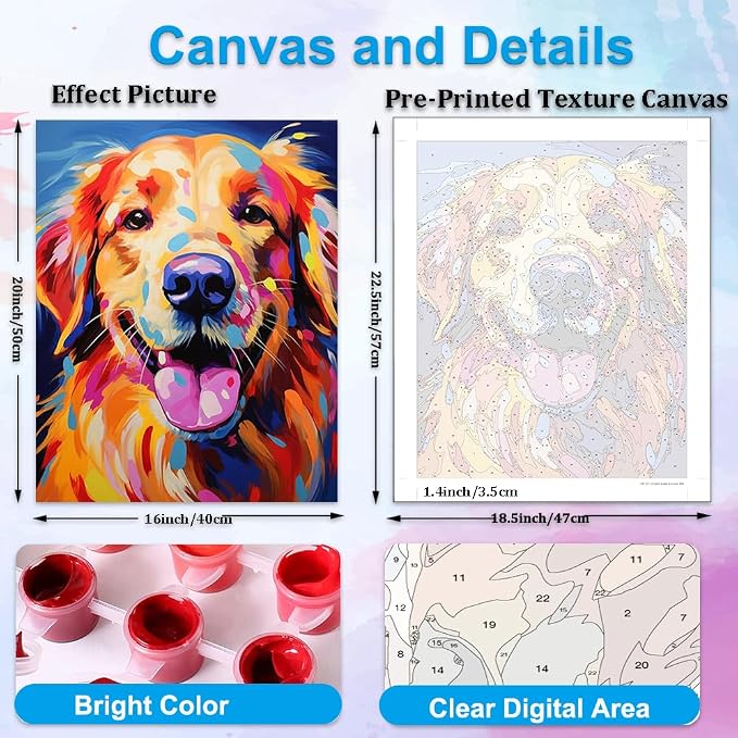 Artunion Colorful Golden Retriever Paint by Numbers for Adults, Dog Paint by Number Kits, DIY Oil Painting Paint by Number Kits on Canvas Arts Craft for Home Wall Decor 16x20 Inch