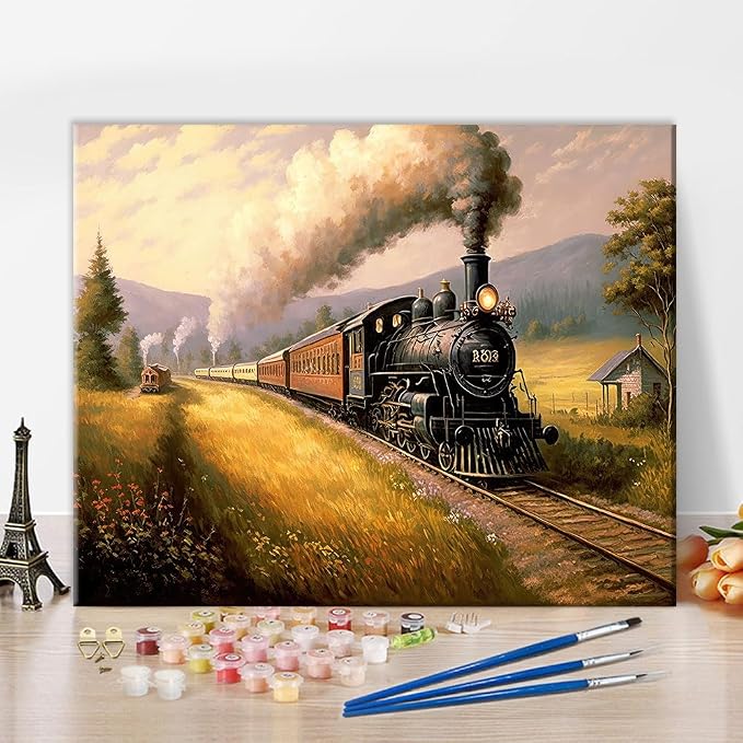 TUMOVO Paint by Numbers Kit for Adults Vintage Locomotive Canvas Painting