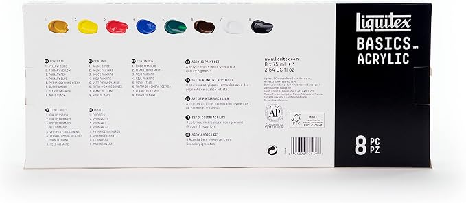 Liquitex BASICS Acrylic Paint Set, 8 x 75ml (2.4-oz) Tube Paint Set | Medium Viscosity, Satin Finish, Lightfast, Fine Art Pigments, Range of Opacities, Easy Blending