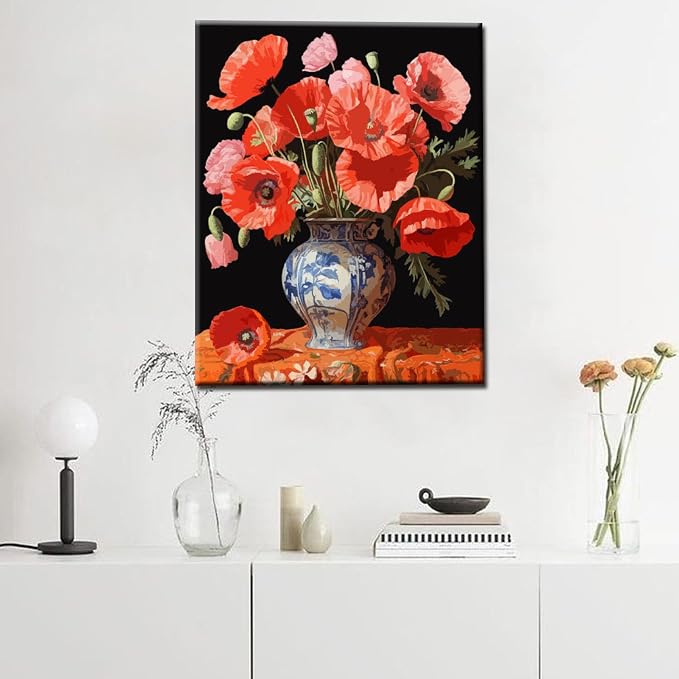 Tucocoo Red Poppys DIY Paint by Numbers for Adults Red Flowers in Vase DIY Oil Painting Kits Canvas with Acrylic Paint Floral Plant Art 16x20 Inch （Without Frame ）