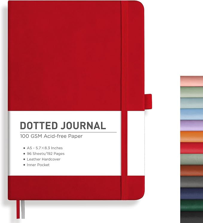 RETTACY Dotted Journal Notebook, 192 Pages, A5 Medium Size (5.7'' x 8.3'') | Leather Hardcover, 100 GSM Thick Paper, for Journaling, Planning, Tracking (Red)