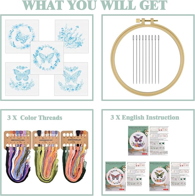 GLTAYLMY Butterfly Embroidery Kit for Beginners Adults, 3 Sets Hand Embroidery Starter Kit with Flower Pattern and Instructions Stamped Cross Stitch Kits Include Embroidery Hoop Needles Threads