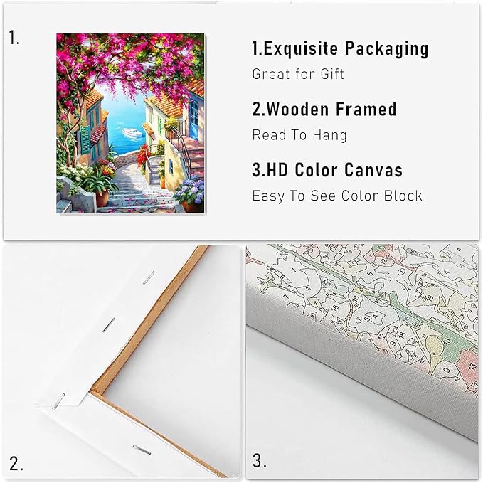 VIGEGU Paint by Numbers Kit for Adults with Framed,Seaside City Landscape Paint by Number DIY Adult Paint by Number Kits Acrylic Oil Painting for Wall Decor 10x12in
