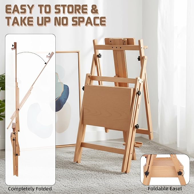 Beech Wood H-Frame Easel for Painting with Tray & Drawer, Natural