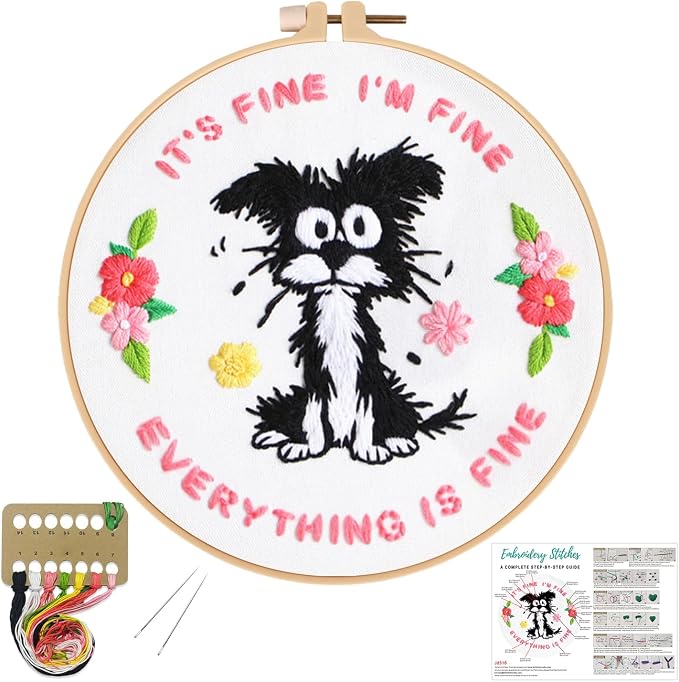 Louise Maelys Funny Dog Embroidery Kit for Beginners Floral Craft | Cross Stitch Kits with Pre-Printed Fabric, Embroidery Hoop, Threads, Needles and Guide. Needlepoint Kit for Beginners
