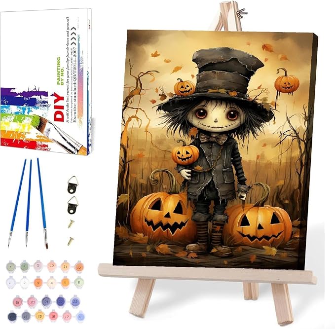 Halloween Paint by Numbers for Adults with Framed Canvas-with Wooden Easel,Paint by Numbers Kits Framed Canvas,DIY Acrylic Oil Painting Kits with Brushes Nice Gift Box for Home Wall Decor(12x16 Inch)