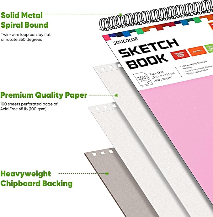 Sketchbook for Girls 9x12, 2 Pack Cute Pink Sketch Book for Teen Girls | 200 Sheets Spiral Drawing Pad, 68lb Acid-Free Erasable Paper Sketch Book for Women Teens, Art Supplies Gift Set