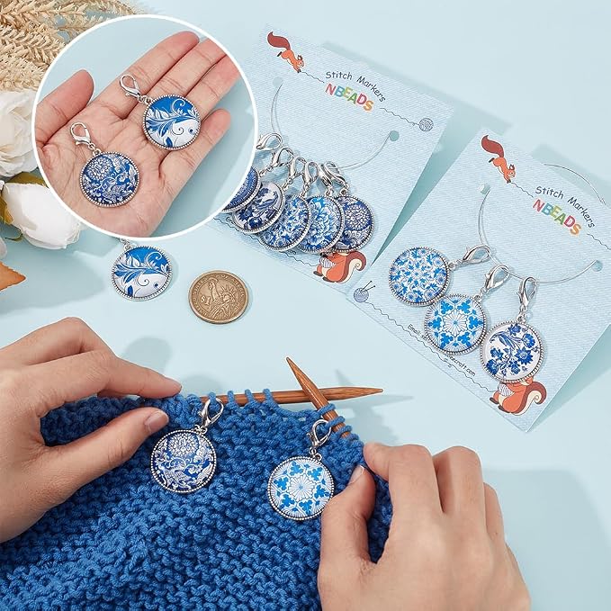 NBEADS 12 Pcs Glass Flat Round with Blue and White Porcelain Pattern Stitch Markers, Zinc Alloy Lobster Claw Clasps Crochet Stitch Marker Charms for Crochet Accessories Quilting Jewelry Making