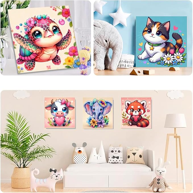 SYDYLH 6 Pack Framed Paint by Numbers Kit for Kids & Adults Beginners, Easy Animal Paint by Numbers Kits with Canvas Paints Brushes, Acrylic Oil Painting Arts and Crafts for Wall Decor 8 x 8 Inch
