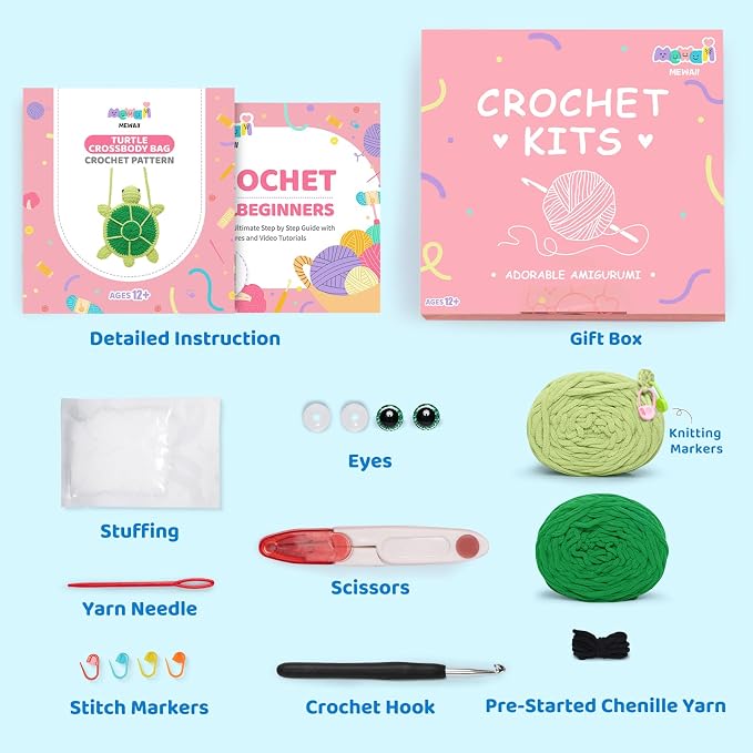 Mewaii Turtle Crossbody Bag Crochet Kit for Beginners, 40% Extra Yarn | Video Tutorial, Pre-Started Piece, Gift Box, Level 1 Starter Kit, Family Craft for Adults, Kids & Beginners